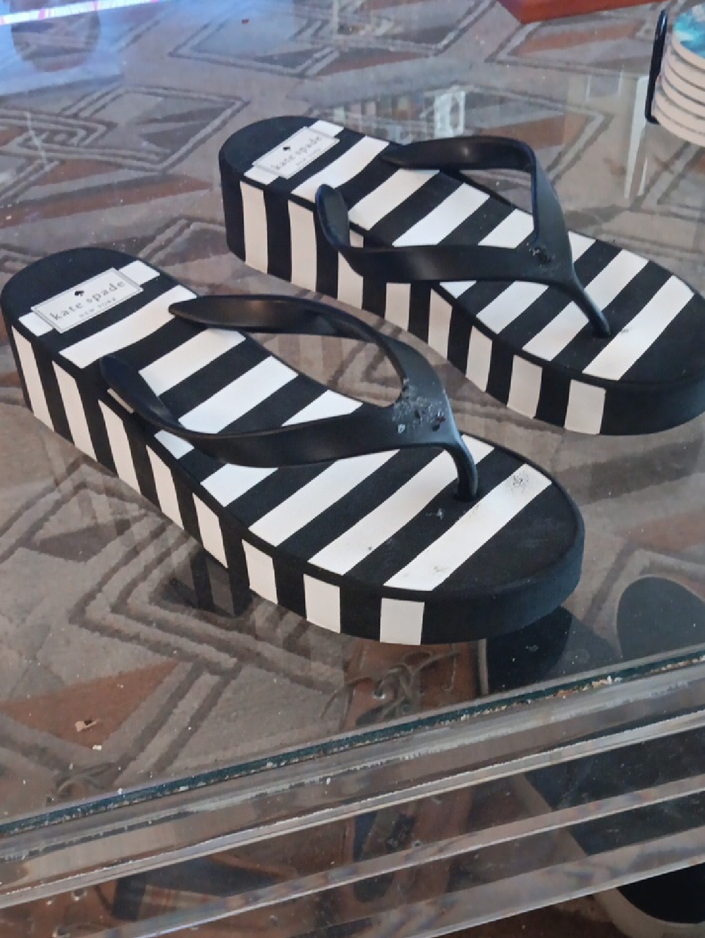 kate spade Black & White Striped Platform Thong Sandals